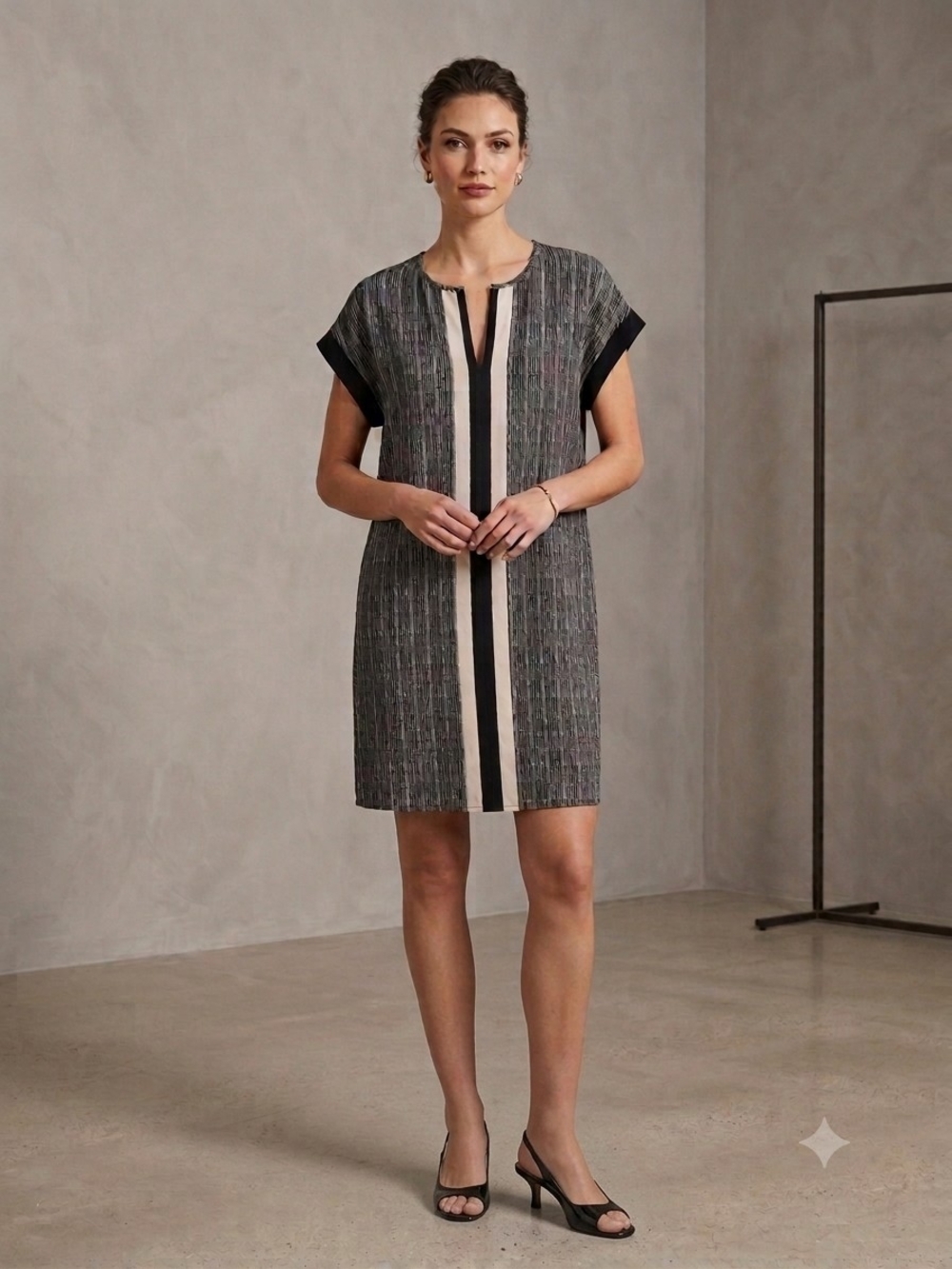 Cynthia Rowley 100% Silk Gray Pinstripe Mini Dress with Cream Center Panel